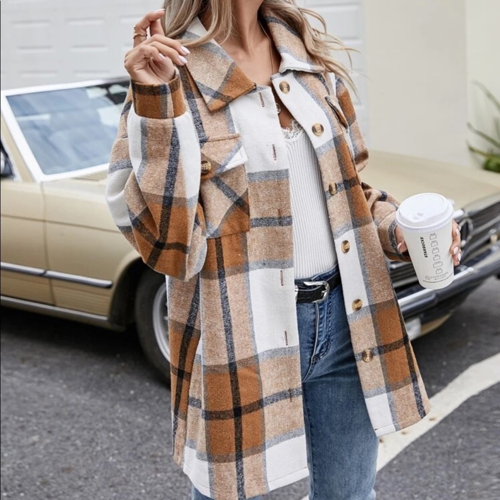Women's Plaid Button Down Shirt - Tan and White